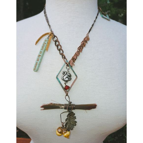 Woodland Charm Necklace | Squirrel, Acorn & Oak Leaf Artisan Pendant - Picture 1 of 9